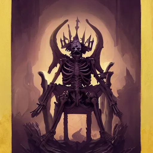 Image similar to Skeleton King, noble, resting on his throne, oil painting, by Fernanda Suarez and Greg Rutkowski