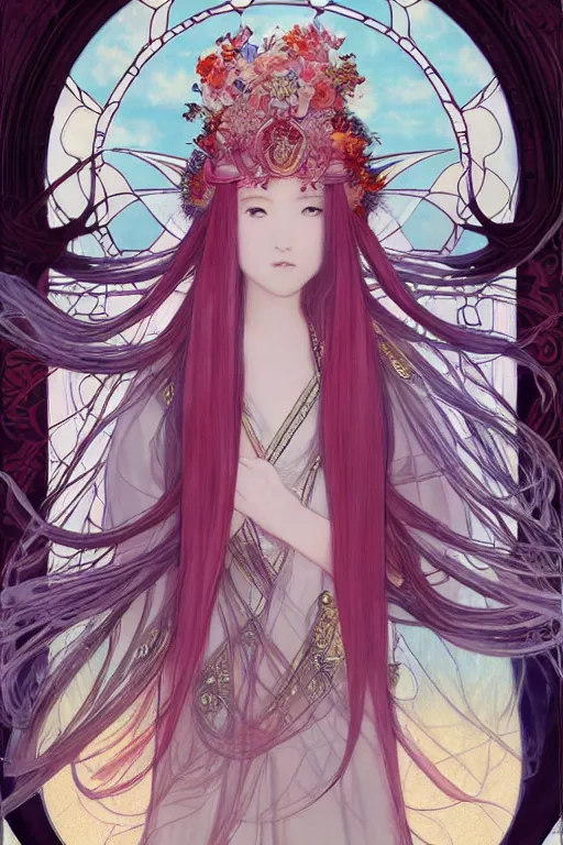 Image similar to breathtaking detailed soft painting of a samurai queen with long flowing red hair, anime style, pastel flower petals flying, in front of a pristine art nouveau cathedral on a wedding day, elegant, volumetric lighting, highly detailed, artstation, concept art, matte, sharp focus, art by ghibli, Alfons Mucha and Miho Hirano