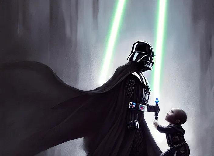 Prompt: a dramatic highly detailed render of darth vader with lightsaber drawn facing off against a cute baby corgi, futuristic star wars vibe, by WLOP and Artgerm and Greg Rutkowski and Alphonse Mucha, Beautiful dynamic dramatic dark moody lighting, shadows, cinematic atmosphere, Artstation, concept design art, Octane render, 8K, masterpiece, sharp focus, hyperrealistic