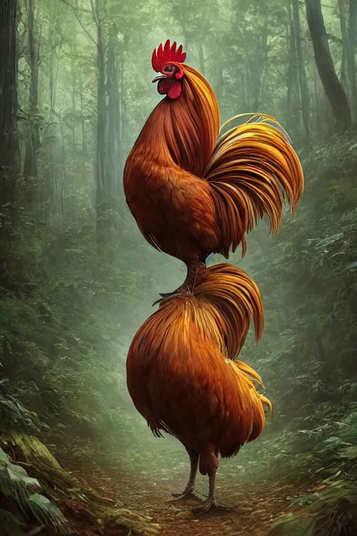 Prompt: a beautiful rooster in a forest, inspired by thomas eakes & greg rutkowski & xiang duan, perfect symmetry, magic realism, post - processing, extremely hyper - detailed, intricate, soft - lighting, lifelike attributes, masterpiece, pastel'