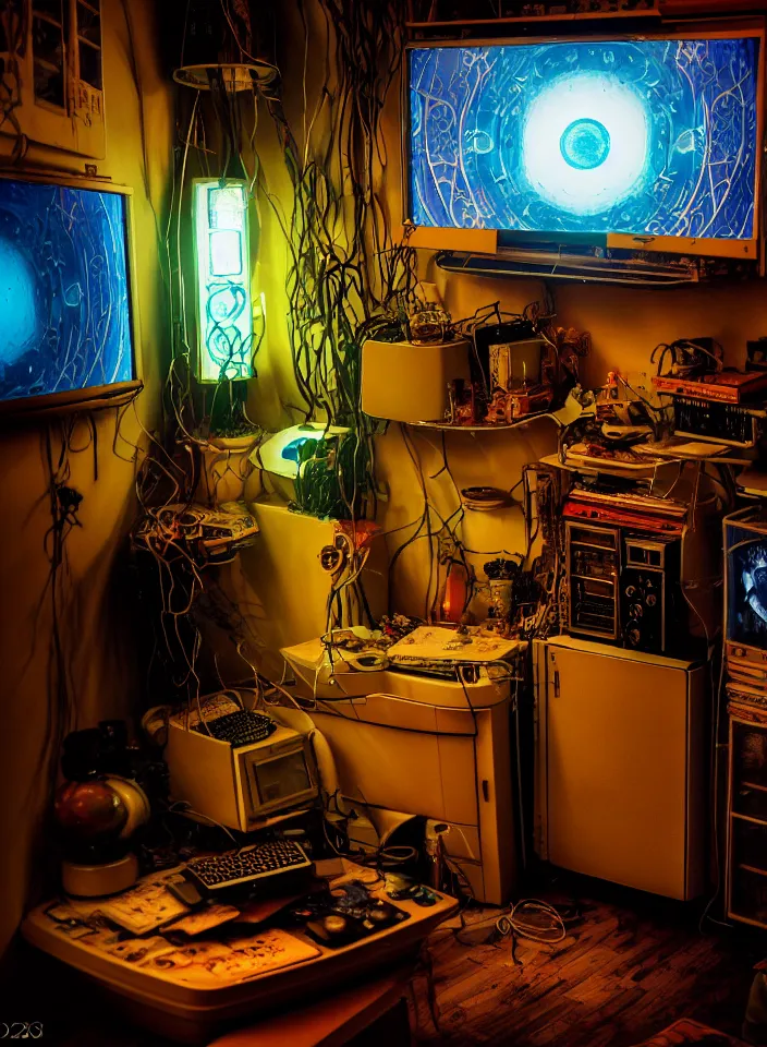 Image similar to telephoto 7 0 mm f / 2. 8 iso 2 0 0 photograph depicting the feeling of chrysalism in a cosy cluttered french sci - fi ( ( art nouveau ) ) cyberpunk apartment in a dreamstate art cinema style. ( ( computer screens, sink ( ( ( fish tank ) ) ) ) ), ambient light.