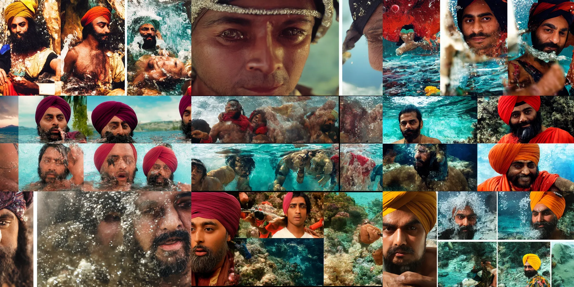 Prompt: Kodak portra 160, 4K, split screen, closeup portrait: famous indian sikh in low budget kagemusha movie remake, underwater scene