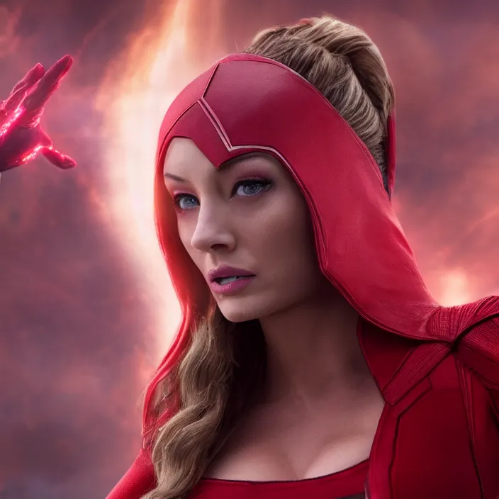 Prompt: movie still of lindsey pelas as scarlet witch, directed by russo brothers, 4 k hd, oscar winning, high detail