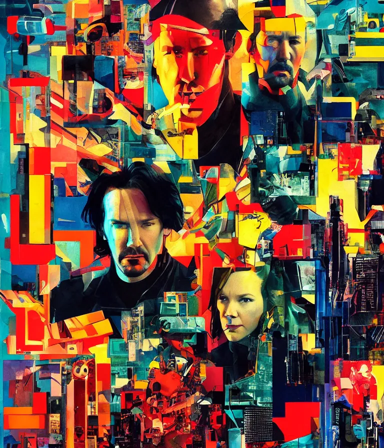 Image similar to Beautiful colorful constructivist Cyberpunk Movie Poster made for the film William Gibson's Cyborg Nights (2004) Starring Melissa McCarthy and Keanu Reeves, minimalist oil paint and ink collage by Man Ray and Marcel Duchamp , Vivid color trending on artstation Cinematic lighting collage!! 8k