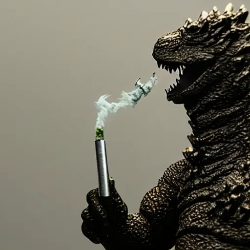 Image similar to godzilla smoking a joint, 5 5 mm