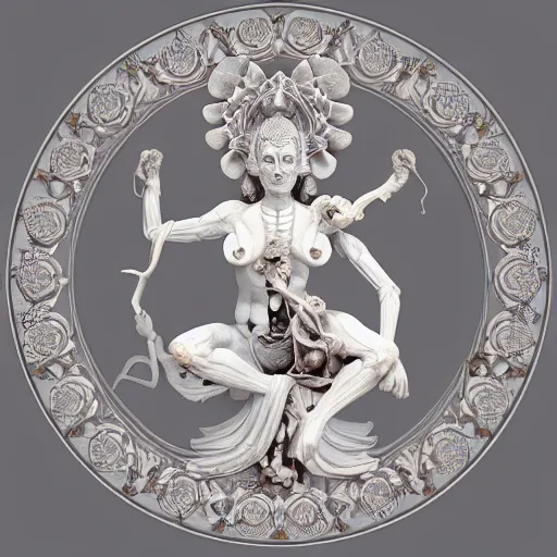 Prompt: beautiful classical decorative ornament, kali, anatomy, prana energy, geometry, magnolia, bones, petals, stems, fibonacci rhythm, artstation, art germ, wlop