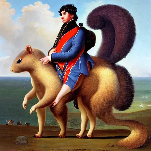 Image similar to a giant fluffy squirrel carrying napoleon bonaparte on its back, beach scene, flowers and foliage, detailed oil painting