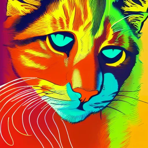 Image similar to 6 0 s hippie poster illustration of a cat made of flowing rainbows by pascal blanche and bonnie mclean and wes wilson, 8 k, artstation