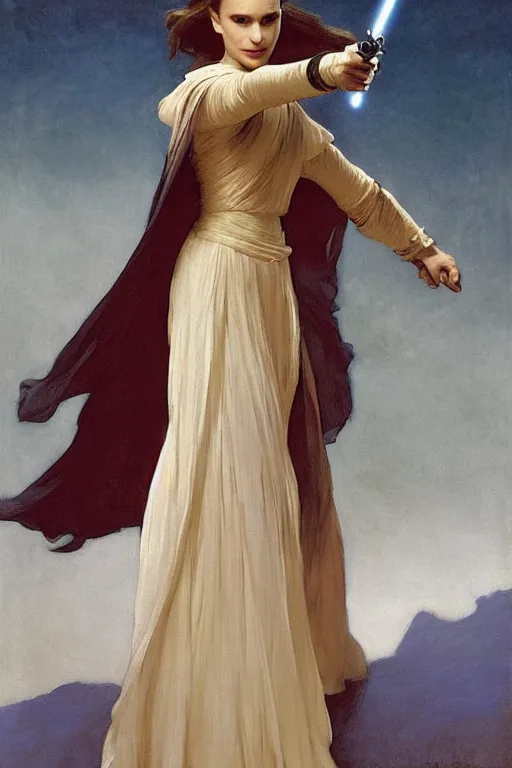 Image similar to elegant romantic portrait photo of natalie portman as a jedi with a cloak and a light sabre, dark room, reflections, by greg manchess, mucha, william adolphe bouguereau, john singer sargent, sorolla, winslow homer, dean cornwell, james gurney, kilin eng, ilya repin, armor