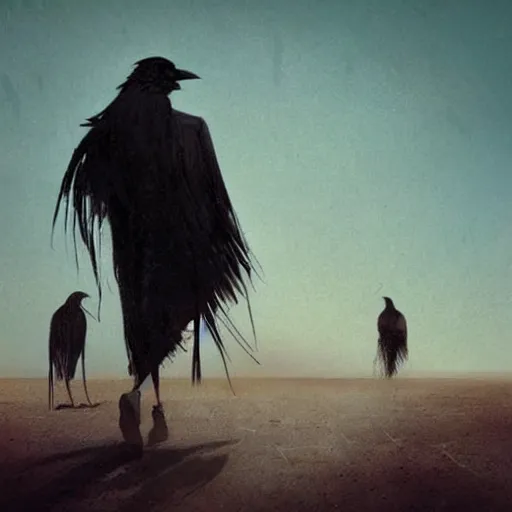 Image similar to Man with long black hair is followed by crows in the desert | front view man | crows in the background | painting by Greg Rutkowski