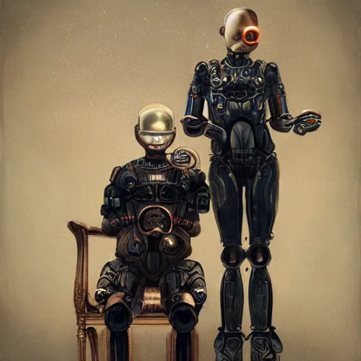 Image similar to a beautiful ultradetailed fine art old vintage couples portrait photo of cyborgs sitting on a chair and standing, by tom bagshaw and zach sutton, couples portrait, vignette, 3 5 mm lens, golden ratio composition, studio photography, very detailed, humanoids, artstation, 8 k, highly coherent