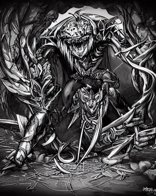 Image similar to A mimic as a crate, black and white, DnD, fantasy art, monster art, in the style of masami kurumada, illustration, epic, fantasy, intricate, hyper detailed, artstation, concept art, smooth, sharp focus, ray tracing