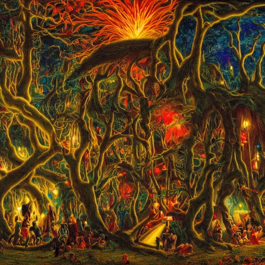 Image similar to closeup of a night carnival inside a tree cavity in a magical forest in the middle of a summer storm, with a music scenario with many fireworks and christmas lights, volumetric lightning, instense god rays in the sky, folklore people disguised with fantastic creatures in a magical forest by summer night, masterpiece painted by alphonse osbert, very coherent and colorful high contrast masterpiece,