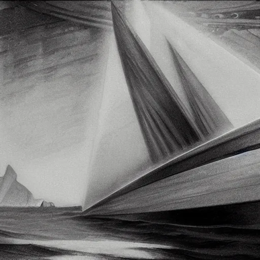 Image similar to a black and white photo of a boat in the water, concept art by hugh ferriss, behance contest winner, symbolism, lovecraftian, concept art, official art