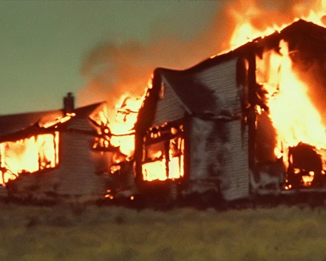 Prompt: a movie still from 'A Goose Set my House on Fire', 40mm tape, technicolour film, goose in foreground, housefire, letterboxing, widescreen