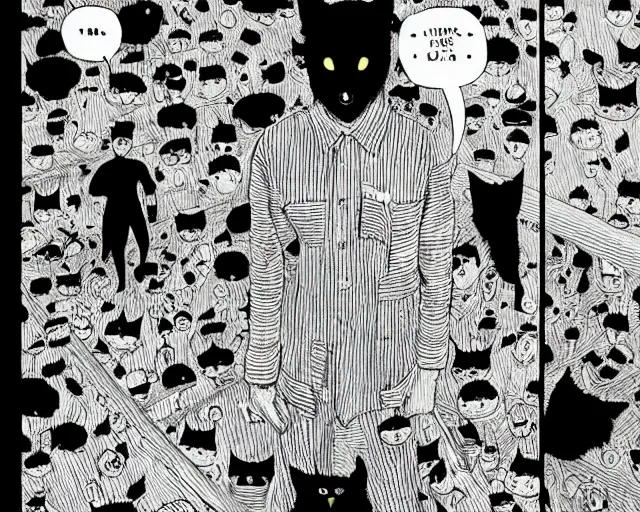 Prompt: a page from junji ito's 'there's a large, black, shadowy cat under the bed', full width, zoomed out, room shot, first person