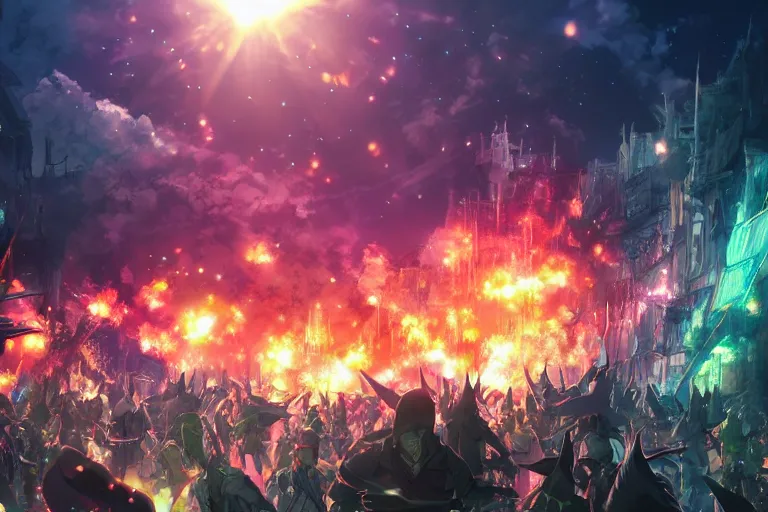 Image similar to cell shaded anime key visual of a fantasy battlefield, lots of explosions, crowds of people, magic spells, in the style of studio ghibli, moebius, makoto shinkai, dramatic lighting
