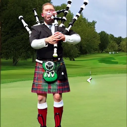 Image similar to realistic hornet playing bagpipes, golf course, realistic, hyper real, detailed,