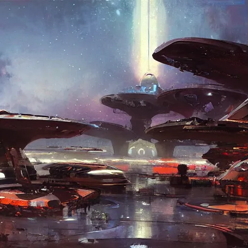 Prompt: spaceport, by jeremy mann, john berkey.