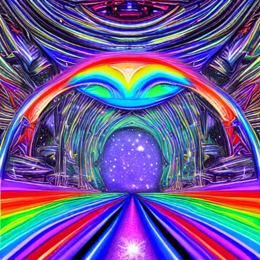 Image similar to entrance to the cosmic labyrinth psychedelic rainbow colors wizard art