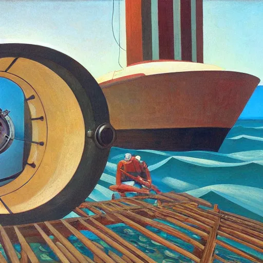 Prompt: giant bathysphere interior, portholes, scuba divers, grant wood, pj crook, edward hopper, oil on canvas