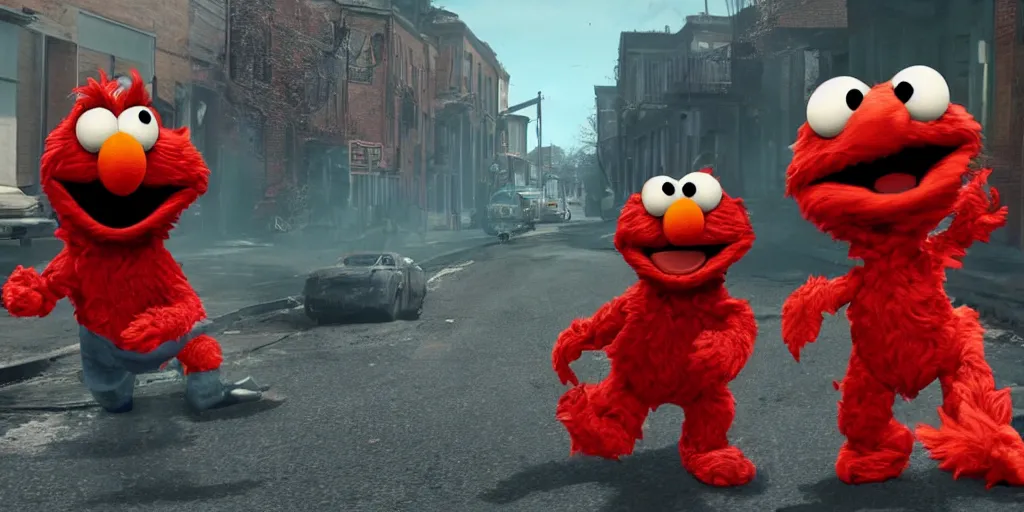 Prompt: realistic scene of elmo street in war, ultra realistic, 8 k