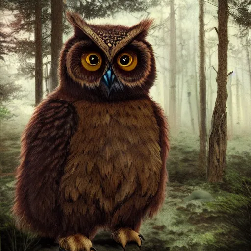 Image similar to three quarter portrait of an owlbear in the forest, d & d, fantasy, alexandre chaudret,
