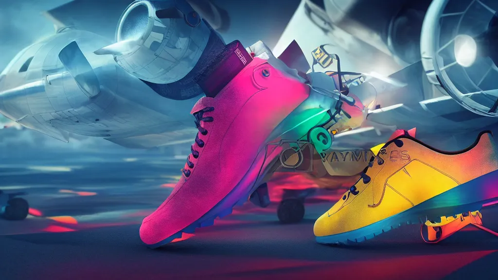 Prompt: sneaker with elements and details of plane and mechanics with futuristic colorfull background, cinematic lighting, light fog, render