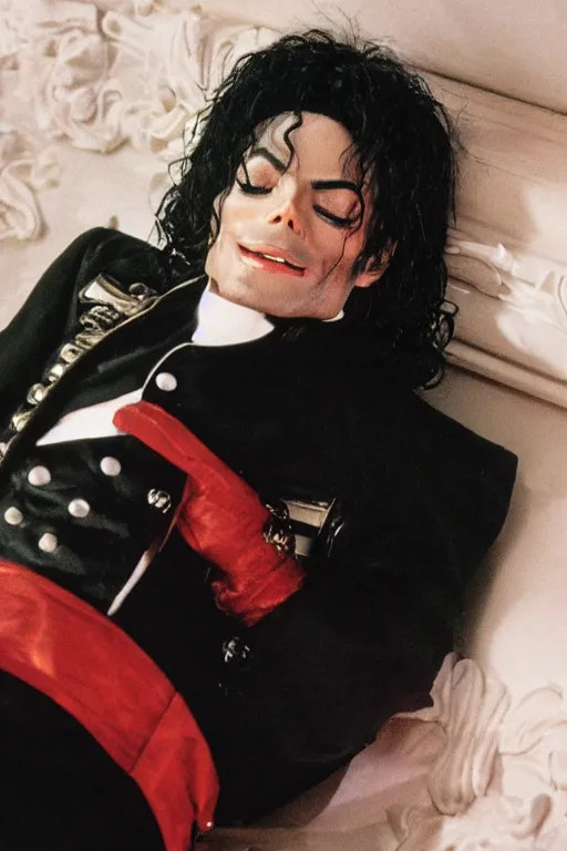 Image similar to film still of michael jackson asleep within a coffin, portrait, 4k