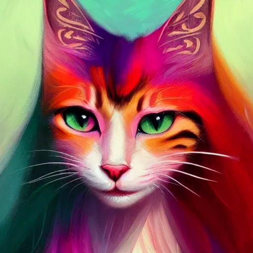 Image similar to colorful and festive cat with pink hair,. rich vivid colors, ambient lighting, dynamic lighting, 4 k, atmospheric lighting, painted, intricate, highly detailed by charlie bowater