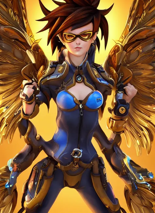 Image similar to full body oil painting of tracer overwatch in the style of mark brooks, angel wings, dramatic painting, symmetrical composition, wearing detailed ornate golden suit, high detail, gold detailed choker, angelic, lights, flowers, heavenly, bright, detailed face,