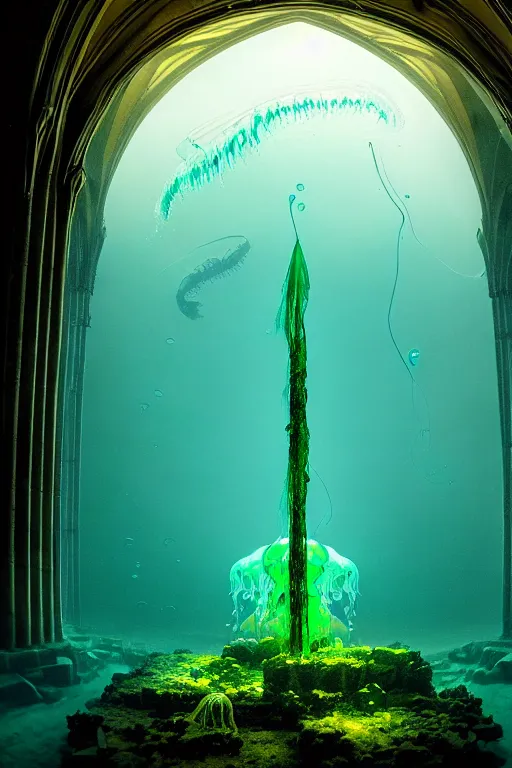 Image similar to high quality photo of cinematic underwater dystopian neo - gothic cathedral ruins with giant luminescent colorful aquatic plants and jellyfish, digital art masterpiece, aykut aydogdu eric zener, dramatic volumetric light, long shot, ground angle uhd 8 k, sharp focus