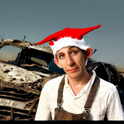 Image similar to close up headshot of a skinny high-fantasy elf with a long face narrow chin and spiky blonde hair wearing dark brown overalls and holding a bomb next to a destroyed car, high resolution film still, HDR color