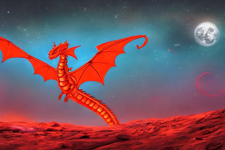 Image similar to A flying dragon on mars in the style of flooko, detailed art, acrylic, red lighting, fire, bokeh, psychedelic, glitch, neon, moon light, ambient lighting, cinematic lighting,