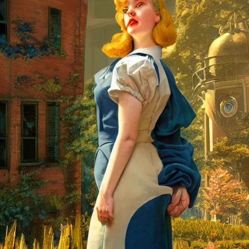 Prompt: Elle Fanning, head and shoulders masterpiece, in Bioshock Rapture, golden hour, in a garden, artstation, in the style of Art Deco and Edward Hopper and Bosch, extremely detailed