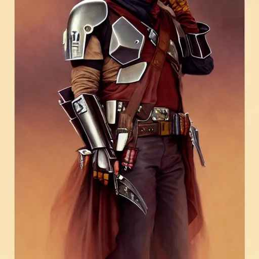 Image similar to Johnny Depp as The Mandalorian, western, D&D, fantasy, intricate, elegant, highly detailed, digital painting, artstation, concept art, matte, sharp focus, illustration, art by Artgerm and Greg Rutkowski and Alphonse Mucha