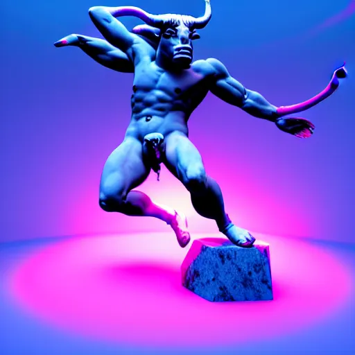 Image similar to unreal engine octane render houdini hyperreallistic render 8k marble statue of the bull minotaur vaporwave blue and pink neon background