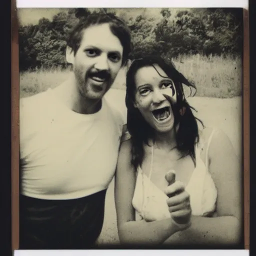 Image similar to polaroid of a happy couple looking into the camera during a zombie apocalypse