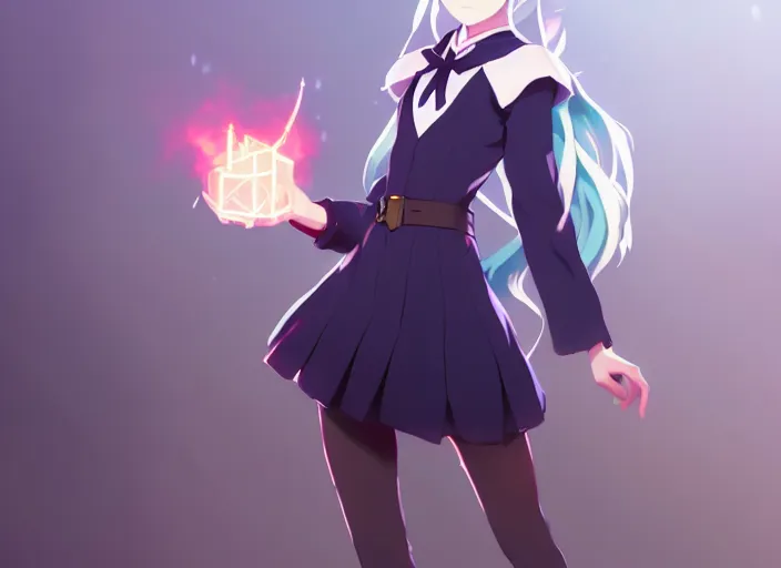 Image similar to visual novel sprites of female student witch by greg rutkowski, witch academia, magic school uniform, glowing white iridescent hair color, by studio ghibli, digital art, trending on artstation, hd, 8 k, highly detailed, good lighting, beautiful, masterpiece