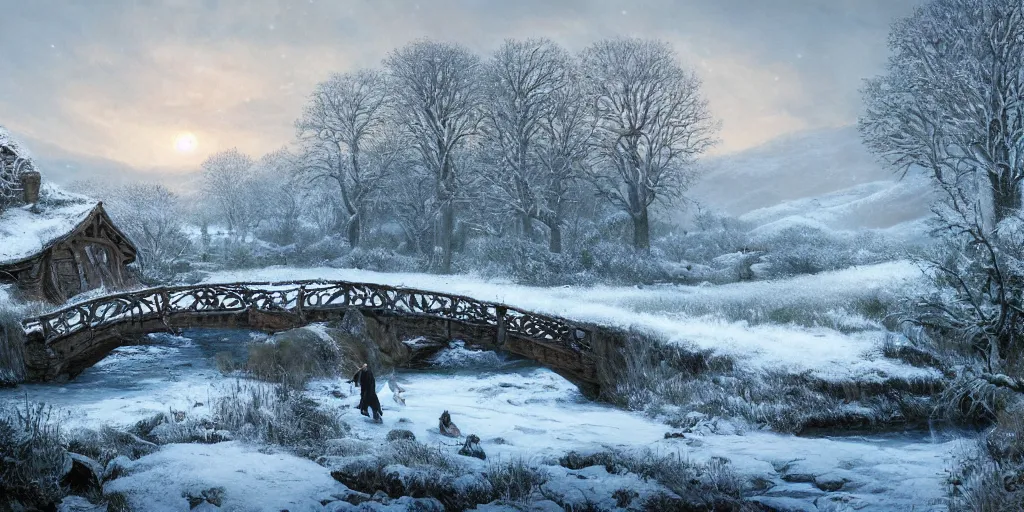 Image similar to Hobbiton near a frozen river during winter, evening, detailed matte painting, cinematic, Alan Lee, Artstation