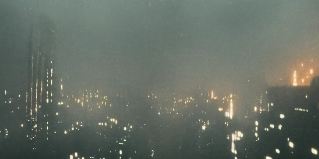 Image similar to 35mm photography film still landscape of Blade Runner 1982 city with industrial fires and smog, futuristic dystopian megacity skyline, rain falling, matte painting, cyberpunk noir, neon, sharp focus