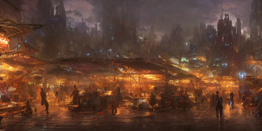 Prompt: screenshot of a marketplace in a massive makeshift city, lit by starlight, colossal arcing metal structures high in the sky, beautiful, awe inspiring, fps, thomas kinkade, by craig mullins, james gurney, greg rutkowski, sparth, mucha, cinematography, cinematic masterpiece