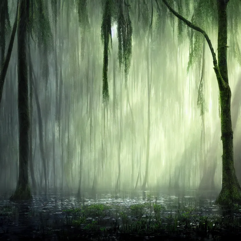 Image similar to a wet swamp with many big trees, dark colors, glowing plants, misty background, light rays, beautiful lighting, vivid colors, intricate, elegant, smooth, sharp focus, highly detailed digital painting, concept art, cinematic, unreal engine, 4 k wallpaper, trending on cgsociety, trending on artstation