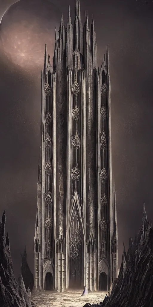 Prompt: detailed matte painting of the tall gothic cathedral made of regolith on the surface of the moon, dramatic lighting, demonic undertones, warm light, detailed concept art, hyperrealistic, beautiful architecture, low angle looking up