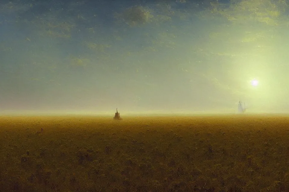 Image similar to sci-fi painting of a large alien city on the vast wheat fields, the closed back view of only one humanoid robot on the ground, by Ivan Aivazovsky, godrays, detailed