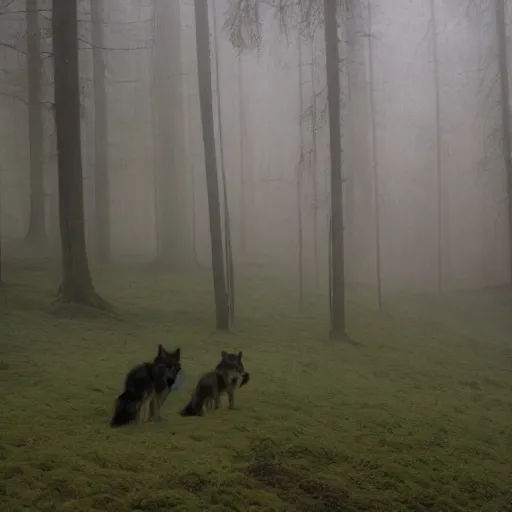 Image similar to spectral figures coming out of the fog with their pack of wolves, leaves and feathers twisted in their hair, moss growing on their clothes, destructive magic pulsing at their fingertips