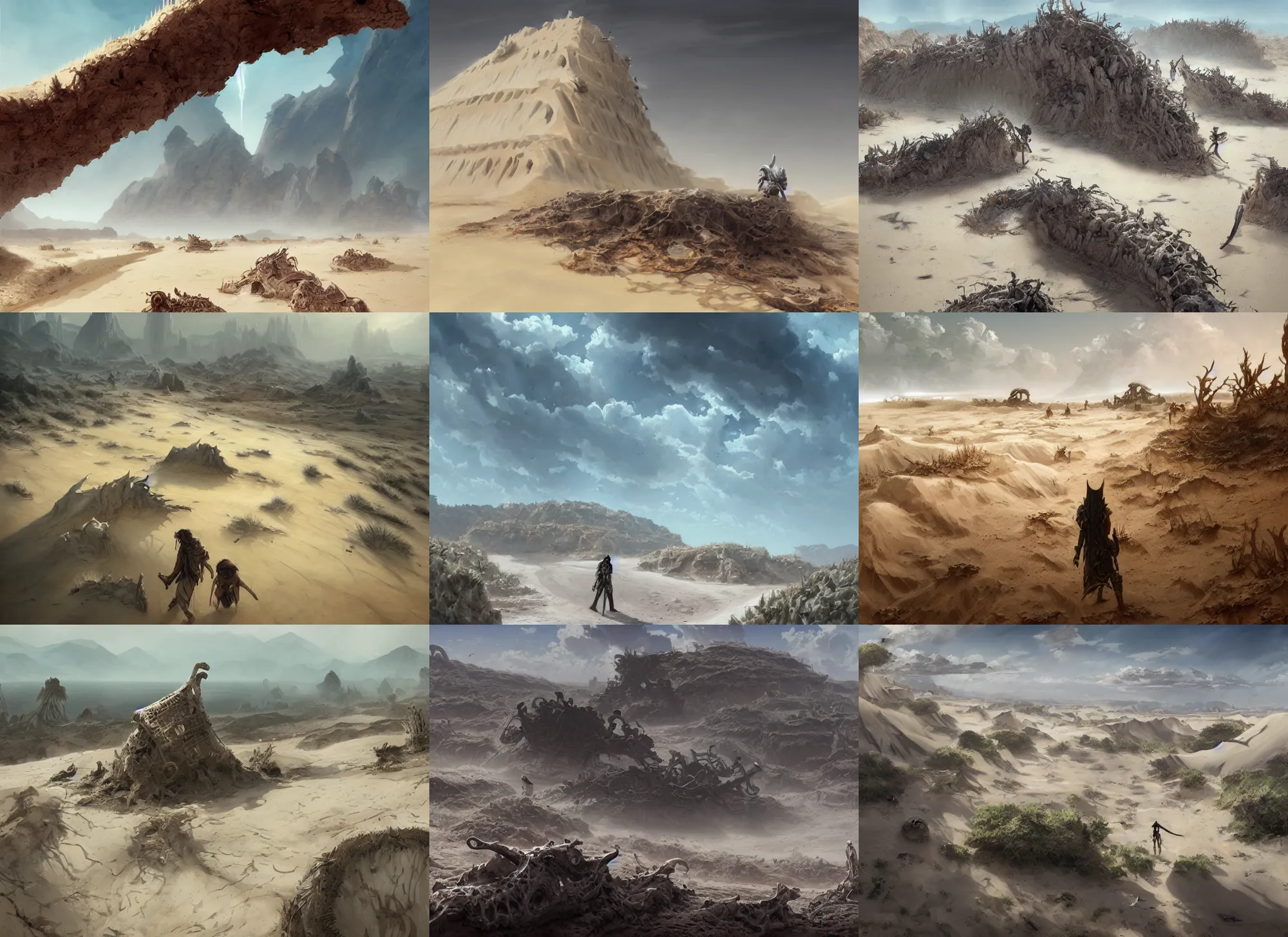 Prompt: Bone desert. White sand dunes. Human and animal bones. Wasteland. Blindingly bright, sinkholes, anime, a fantasy digital painting by Greg Rutkowski and James Gurney, trending on Artstation, highly detailed