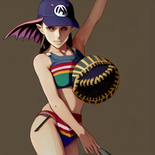 Image similar to beautiful boyish natalie portman gravure model in majora's mask, wearing wooden mask and baseball cap and leotard, street wear with subtle mayan patterns, aztec bathing suit, gapmoe yandere grimdark, trending on pixiv fanbox, painted by greg rutkowski makoto shinkai takashi takeuchi studio ghibli, akihiko yoshida