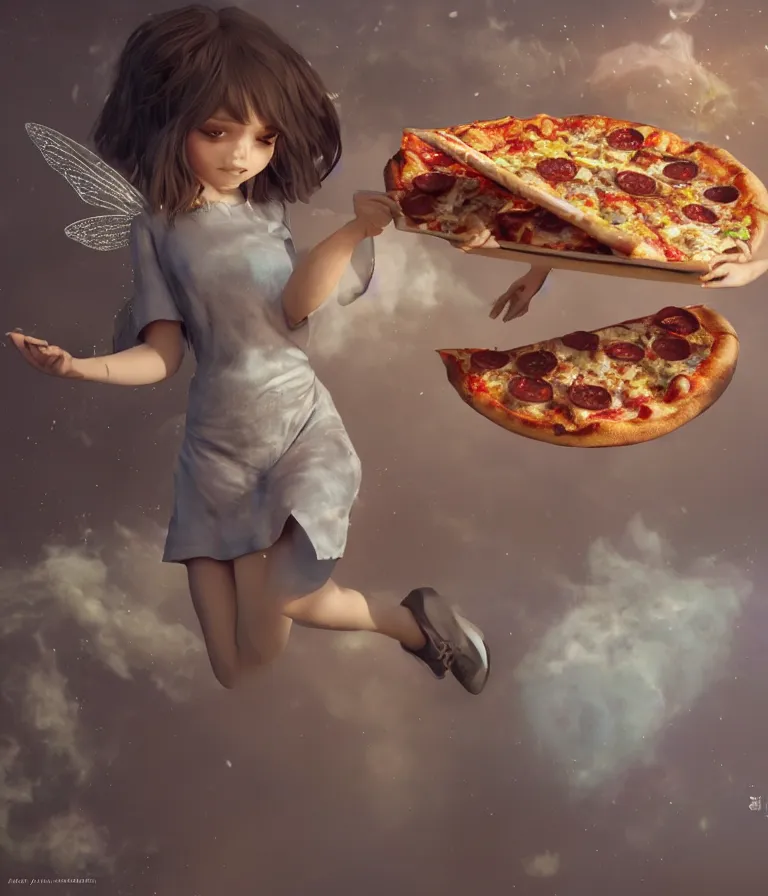 Image similar to a beautiful hyperrealistic detailed 3D render of a fairy girl with pizza instead of wings, by Anton Otto Fischer, Atey Ghailan, genzoman, unreal engine, octane render, gigantic, 3D, brilliantly coloured, intricate, ultra wide angle, trending on artstation, embers, smoke, dust, dusk, volumetric lighting, HDR, polished, micro details, ray tracing, 8k,