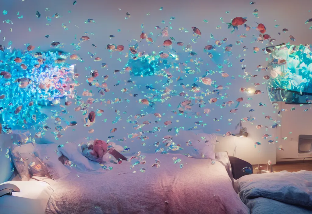 Image similar to 3 d fishes popping out of curved movie screen floating in bedroom, volumetric lighting, sleeping, pair of keycards on table, bokeh, creterion collection, shot on 7 0 mm, instax